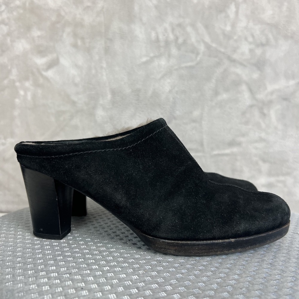 La Canadienne Heeled Mules Womens 8 Shearling‎ Lined Suede Shoes Black Slip On